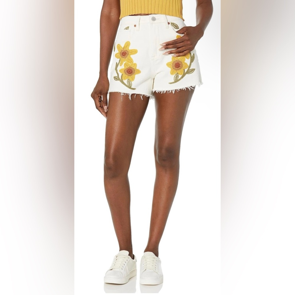 BLANK NYC Denim Shorts Ray of Sunshine Embroidered Flower High Rise Ribcage